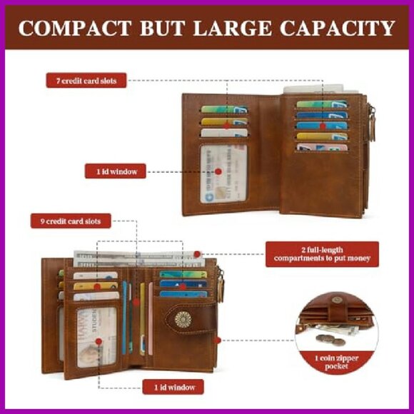 RFID Bifold Leather Wallet with 16 Card Slots & Zipper Pocket - Picture 4 of 7